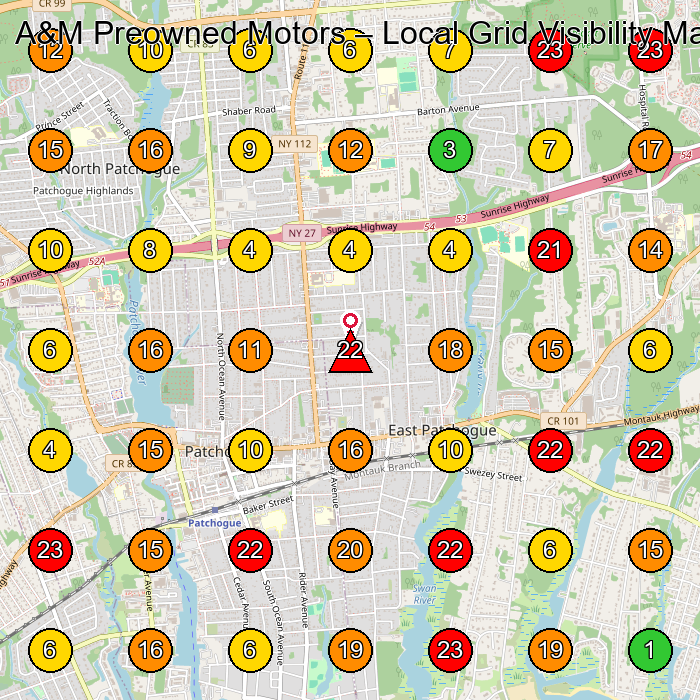 A&M Preowned Motors Used Car Dealer GeoGrid ranking map for Patchogue NY